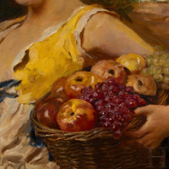 "Young woman with fruit basket", Leopold Schmutzler (1864 Mies in Austria - 1940 Munich), oil on canvas