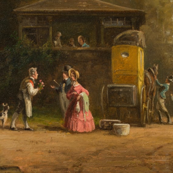 "The arrival of a couple at the Gasthof zur Post", Willy Moralt (1884 Munich - 1947 Lenggries), oil on wood
