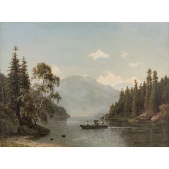 Georg Emil Libert (1820 - 1908) - Atmospheric Summer Landscape with River and Boat