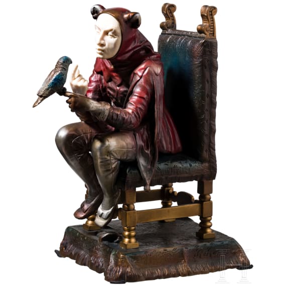 A bronze and ivory jester with parrot, Franz Rosse (1858 - 1900 Hanau), dated 1888