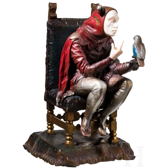 A bronze and ivory jester with parrot, Franz Rosse (1858 - 1900 Hanau), dated 1888