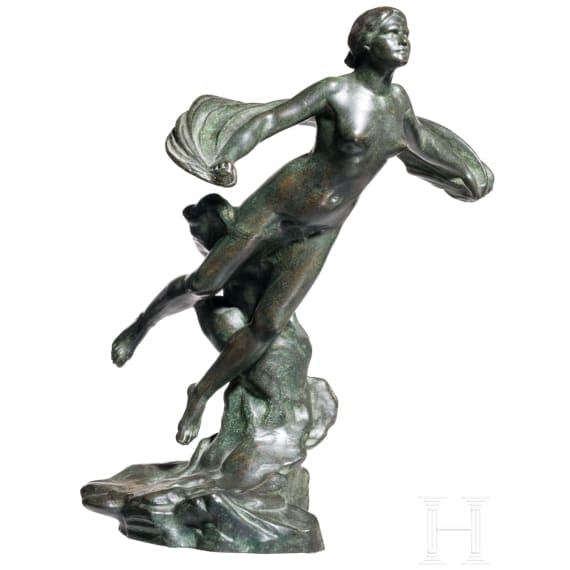 A bronze of a flying woman, foundry Ferdinand Barbedienne after a design by Gustave Michel (1851 - 1924), Paris, dated 1952