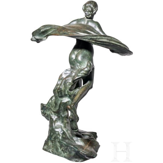 A bronze of a flying woman, foundry Ferdinand Barbedienne after a design by Gustave Michel (1851 - 1924), Paris, dated 1952