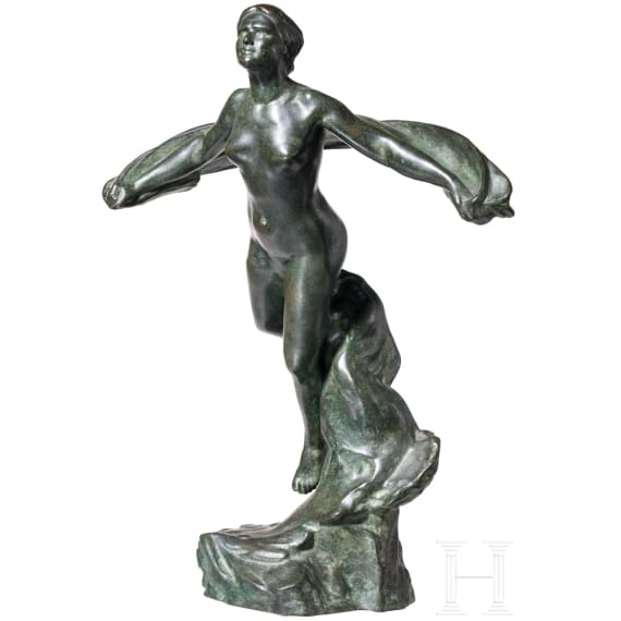 A bronze of a flying woman, foundry Ferdinand Barbedienne after a design by Gustave Michel (1851 - 1924), Paris, dated 1952
