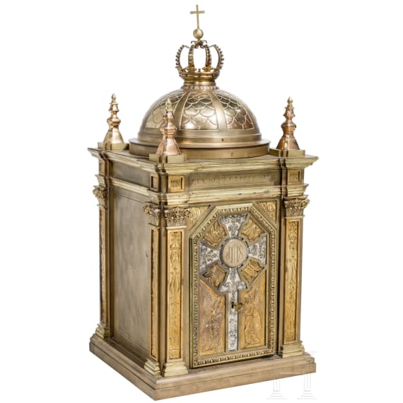 A monumental 94 cm high brass artophorion (reliquary), dated 1947