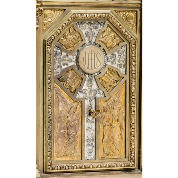 A monumental 94 cm high brass artophorion (reliquary), dated 1947