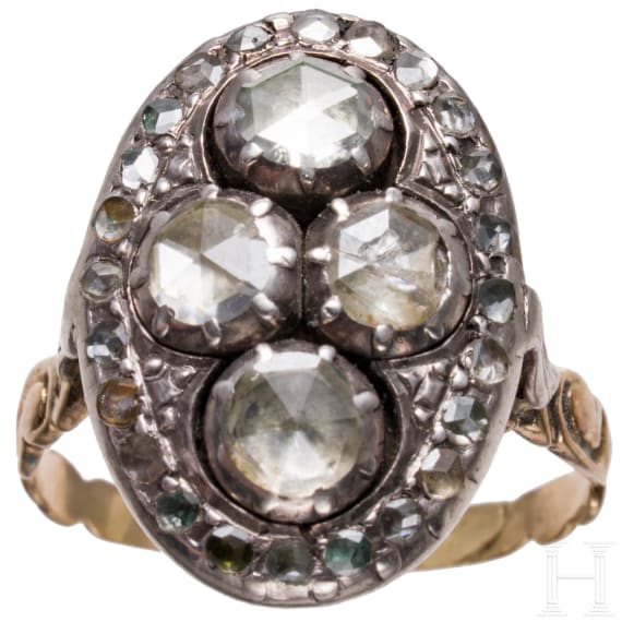 A 14ct gold rococo ring set with diamonds (circa 3.82ct), circa 1740
