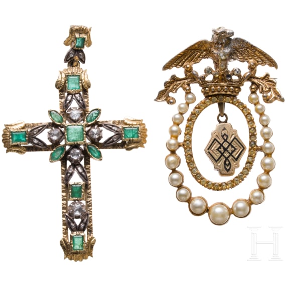 An 18ct gold cross pendant with diamonds (circa 0.56ct) and a gilt brooch with eagle