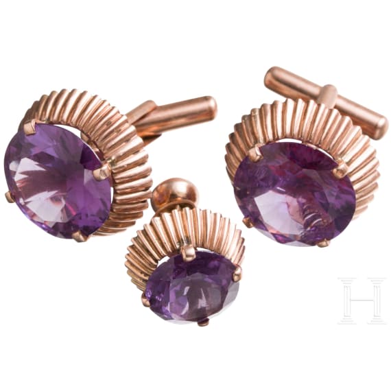 A pair of 14ct gold and amethyst cufflinks and an earring