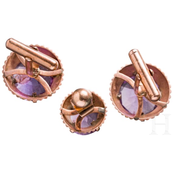 A pair of 14ct gold and amethyst cufflinks and an earring
