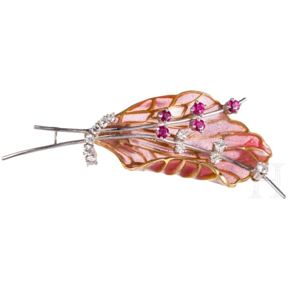 A 18ct gold and plique a jour leaf-shaped brooch