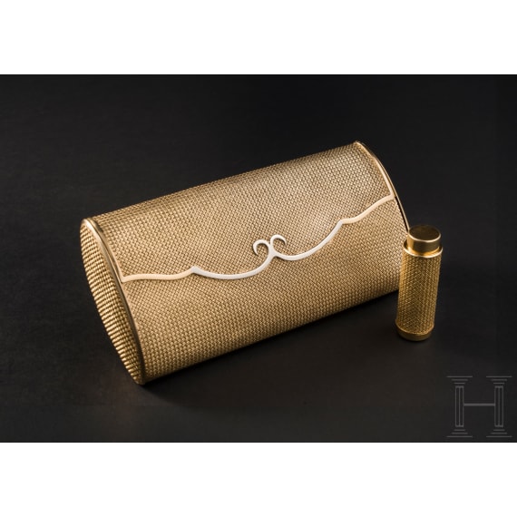A 18ct gold evening bag and a 18ct gold atomizer, 1950s/60s