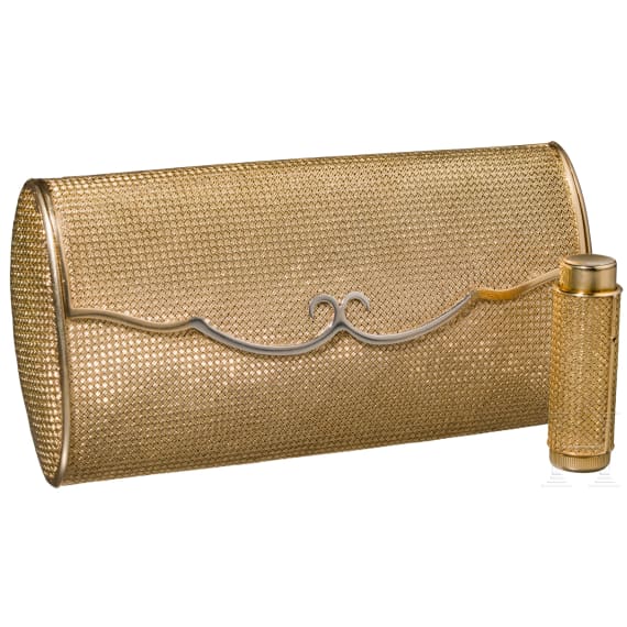 A 18ct gold evening bag and a 18ct gold atomizer, 1950s/60s