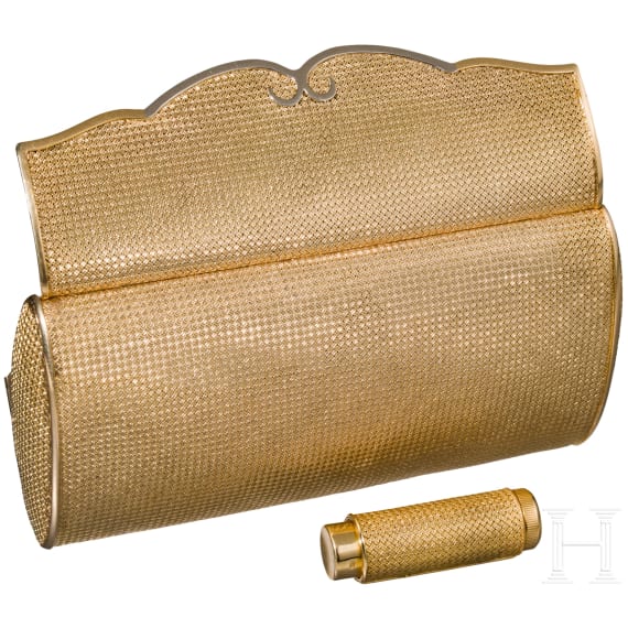 A 18ct gold evening bag and a 18ct gold atomizer, 1950s/60s