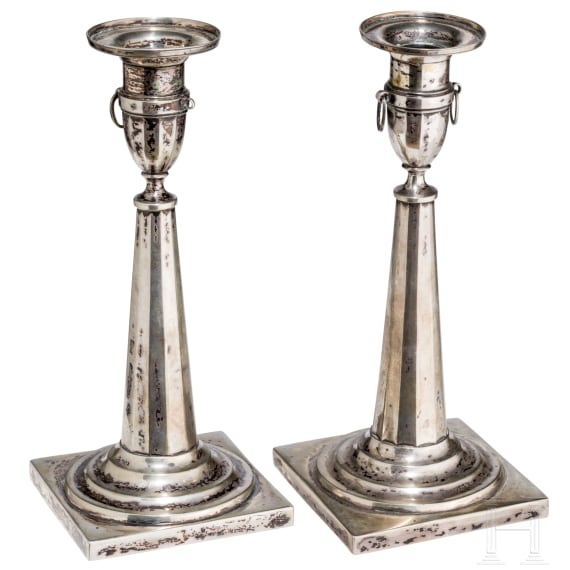 Two silver candlesticks, Augsburg, Jakob Samuel Allg&ouml;wer (Master 1798 - 1809), 1804 and Johann Sigmund Christeiner (Master 1800 - 1831), 1805 resp.