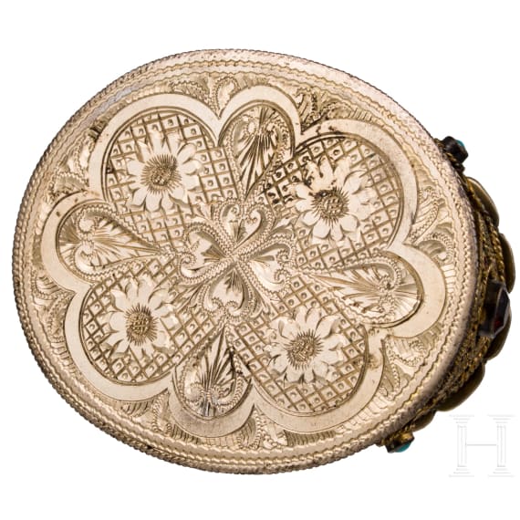 A small silver-gilt lidded box with enamel and turquoises, 19th century