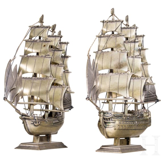 Two miniature silver ships and a four-horse carriage, Netherlands, 1985/86