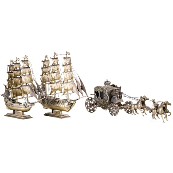 Two miniature silver ships and a four-horse carriage, Netherlands, 1985/86