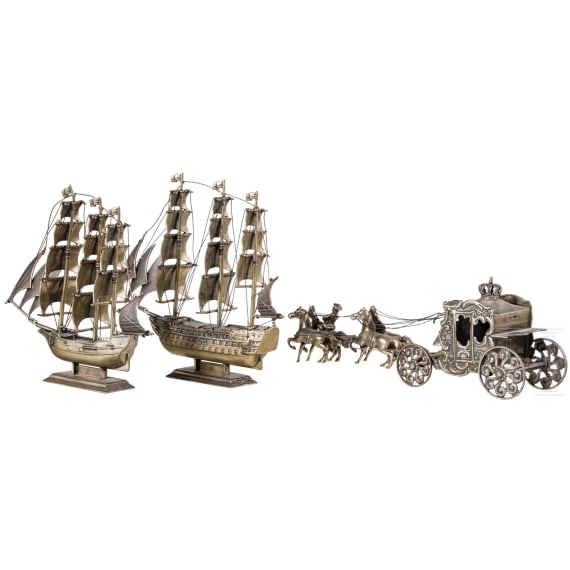 Two miniature silver ships and a four-horse carriage, Netherlands, 1985/86