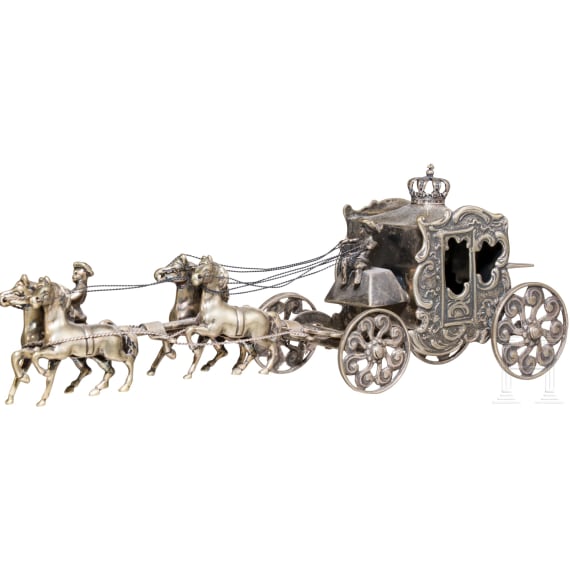 Two miniature silver ships and a four-horse carriage, Netherlands, 1985/86