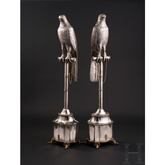 A large pair of German silver falcons, Hanau, circa 1900