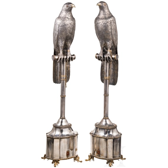 A large pair of German silver falcons, Hanau, circa 1900