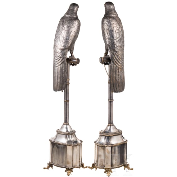 A large pair of German silver falcons, Hanau, circa 1900