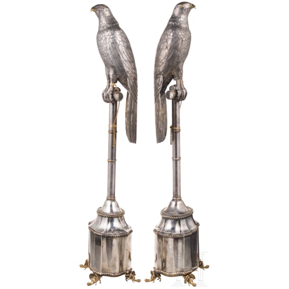 A large pair of German silver falcons, Hanau, circa 1900