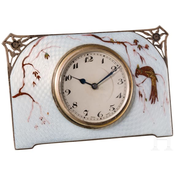 A silver and guilloch&eacute; enamel art nouveau table watch, Birmingham, Albert Carter, 1926 (stand no silver)