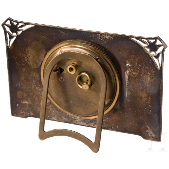 A silver and guilloch&eacute; enamel art nouveau table watch, Birmingham, Albert Carter, 1926 (stand no silver)