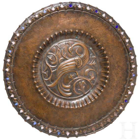 A copper and enamel plate with peacock, probably design by Ludwig Vierthaler, circa 1905