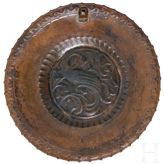 A copper and enamel plate with peacock, probably design by Ludwig Vierthaler, circa 1905