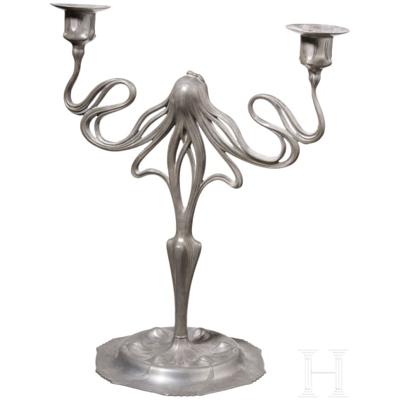 A figural art nouveau pewter candlestick, Cologne, Orivit company, circa 1900