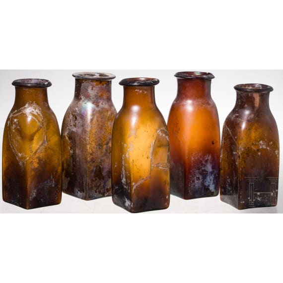 Five German glass bottles, 19th century
