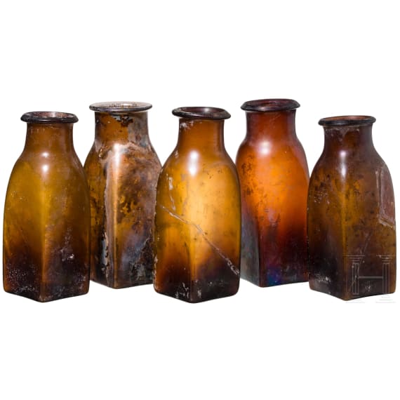 Five German glass bottles, 19th century