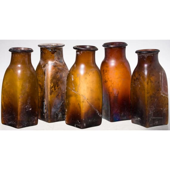 Five German glass bottles, 19th century
