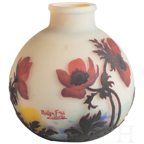 An art nouveau glass vase with anemones, Lun&eacute;ville, Muller Fr&egrave;res, circa 1920
