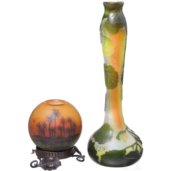 An art nouveau long-neck vase, Verreries de Saint-Denis, Legras & Cie., and a small lampshade, 1920's