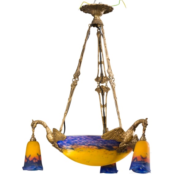 An Art Nouveau glass ceiling light with swans, Lun&eacute;ville, Muller Fr&egrave;res, circa 1920