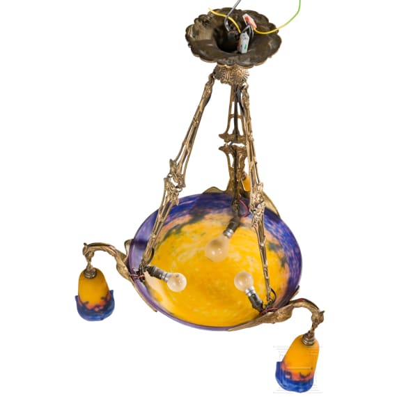 An Art Nouveau glass ceiling light with swans, Lun&eacute;ville, Muller Fr&egrave;res, circa 1920