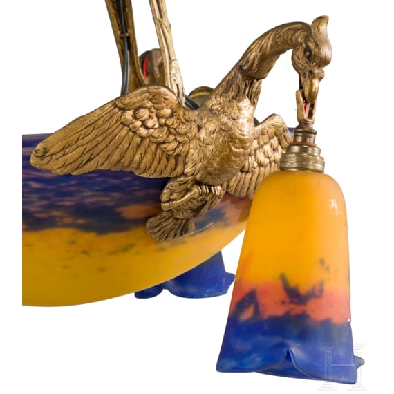An Art Nouveau glass ceiling light with swans, Lun&eacute;ville, Muller Fr&egrave;res, circa 1920
