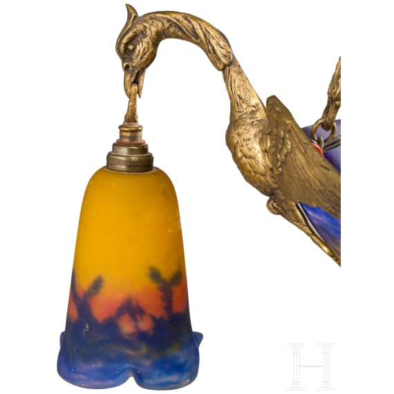 An Art Nouveau glass ceiling light with swans, Lun&eacute;ville, Muller Fr&egrave;res, circa 1920