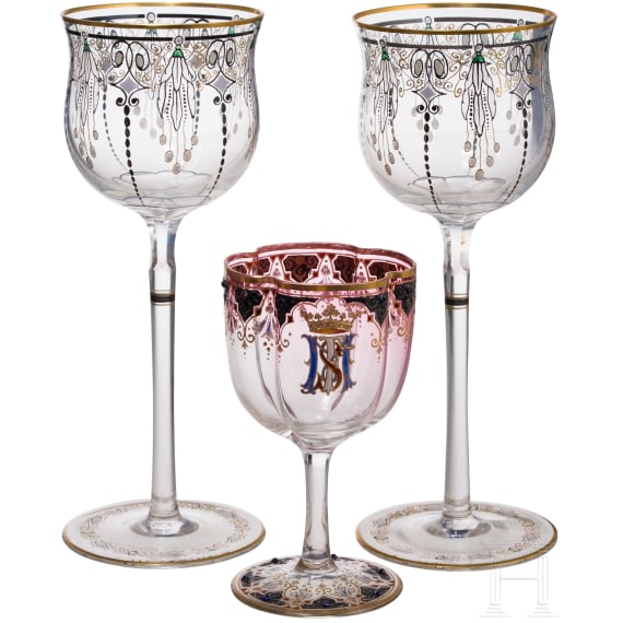 Three glasses, S. Haertel (design), Schreiberhau, Josephinenh&uuml;tte (design), circa 1912 (two), probably Moser, circa 1900 (one)