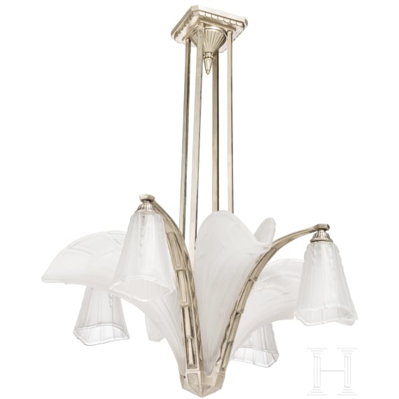 A French art deco chandelier with glass shades, Paris, Etablissements Jean Gauthier, circa 1930