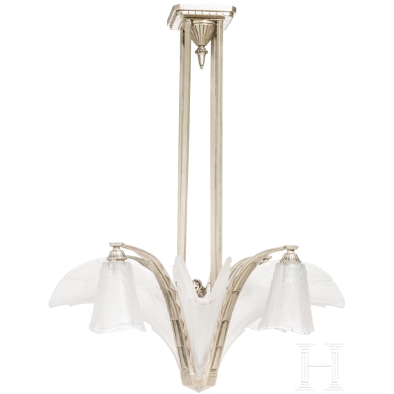 A French art deco chandelier with glass shades, Paris, Etablissements Jean Gauthier, circa 1930