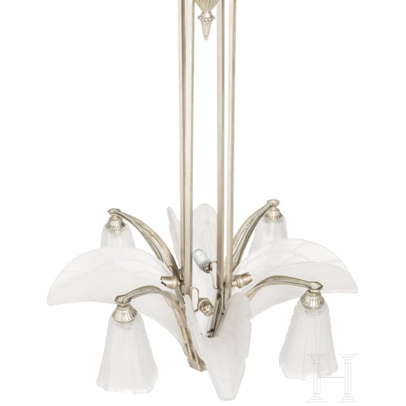 A French art deco chandelier with glass shades, Paris, Etablissements Jean Gauthier, circa 1930