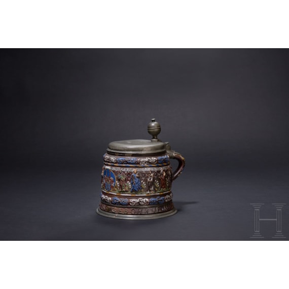 A pewter-mounted Creussen salt-glazed and polychrome enamelled stoneware tankard (Apostelkrug), 17th century