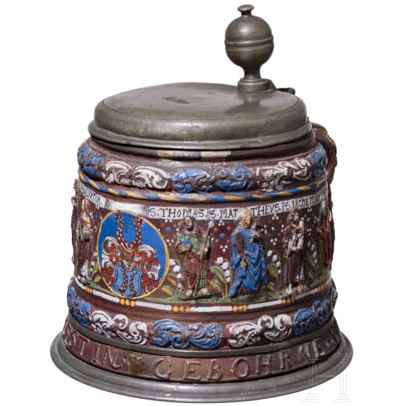 A pewter-mounted Creussen salt-glazed and polychrome enamelled stoneware tankard (Apostelkrug), 17th century
