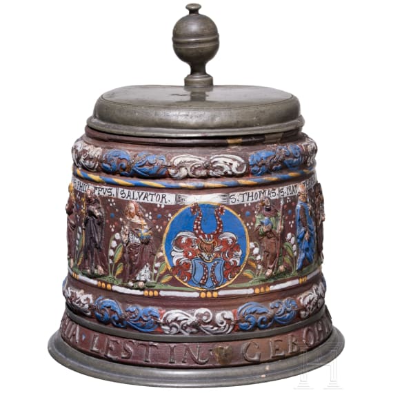 A pewter-mounted Creussen salt-glazed and polychrome enamelled stoneware tankard (Apostelkrug), 17th century