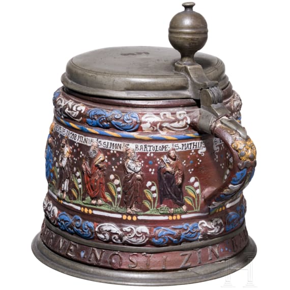 A pewter-mounted Creussen salt-glazed and polychrome enamelled stoneware tankard (Apostelkrug), 17th century